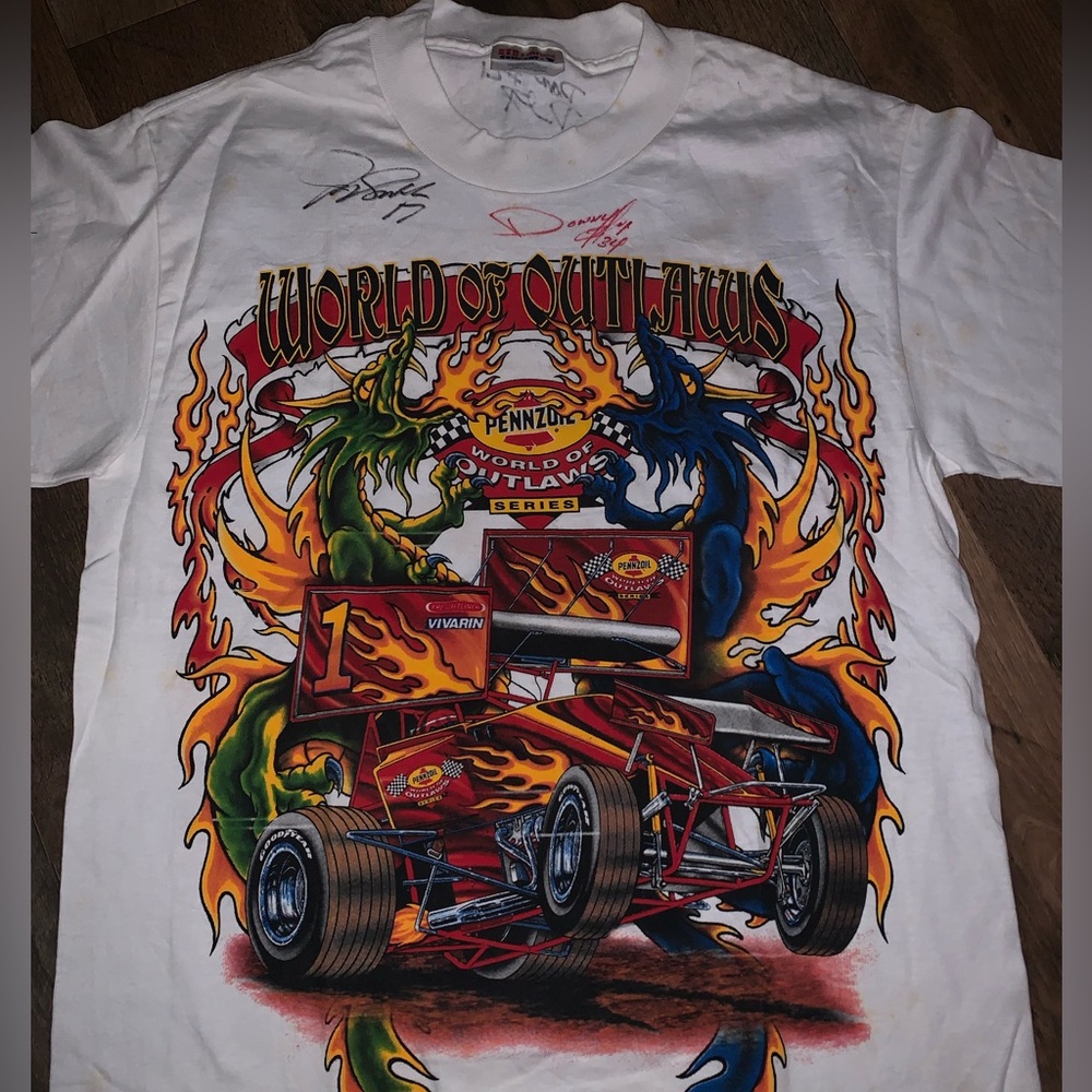 Vintage autographed Pennzoil World of Outlaws Racing Shirt Small